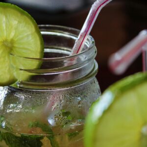 Close-up of a refreshing mojito with lime slices and a straw, perfect for summer.